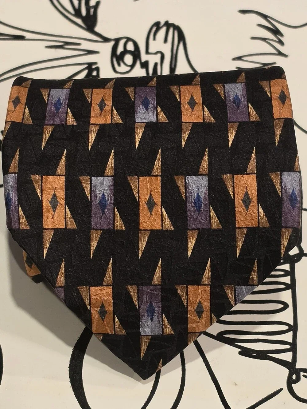 Vtg XMI Mark Shale Mens Silk Tie Geometric Black Orange Blue USA Handmade